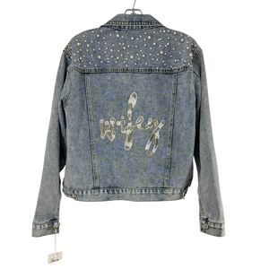 Heirloom Bridal Wifey Blue Jean Denim Jacket Pearl Beaded Seed Beading Small NEW